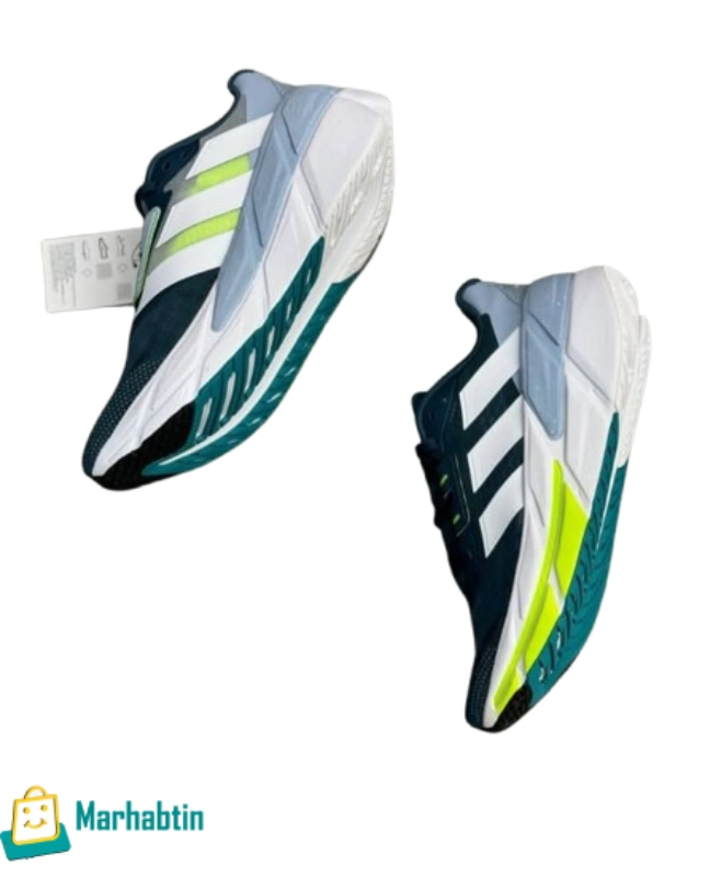 Men’s Adidas sneakers – white and grey side view with neon blue and yellow accents