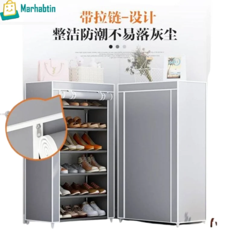 Shoe Cabinet 5 Tiers – Stainless Steel Frame – Navy Blue Fabric Storage