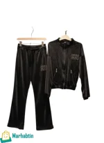 Women's Black Velvet Tracksuit (Jacket & Pants) with Crystal Sparkle.