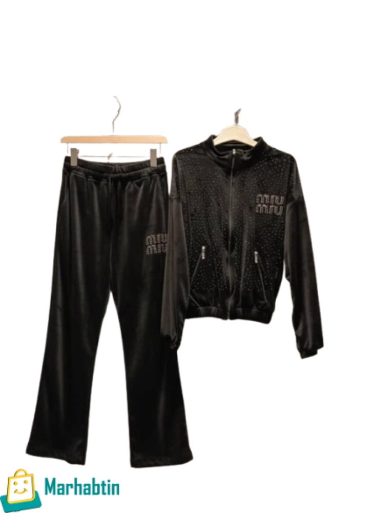 velvet-tracksuit-crystal-full-view.webp Women's Black Velvet Tracksuit (Jacket & Pants) with Crystal Sparkle.