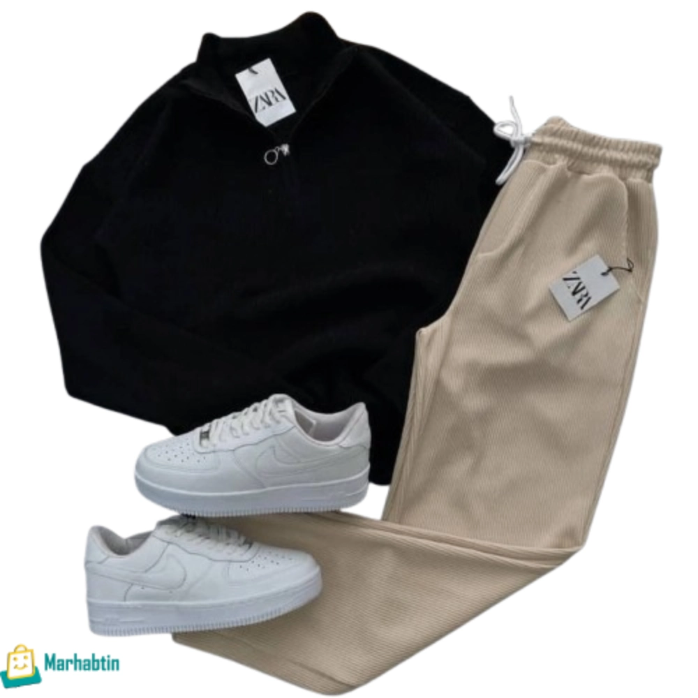 black-winter-set.webp طقم شتوي رجالي قطعتين باللون الأسود وبلوزة تريكو سميكة بسحاب نصفي مع بنطال ريب بيج.