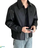 جاكيت جلد طبيعي تركي أسود POLO على الموديل مع جينز