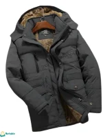 جاكيت كتان فرو تقيل رجالي باللون الرمادي الحديدي، عرض مسطح.