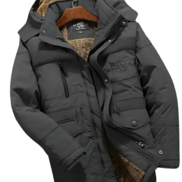 جاكيت كتان فرو تقيل رجالي باللون الرمادي الحديدي، عرض مسطح.