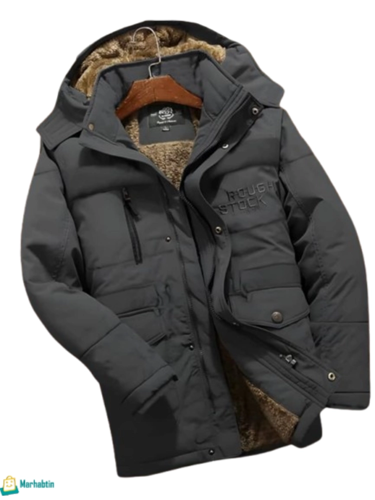 جاكيت كتان فرو تقيل رجالي باللون الرمادي الحديدي، عرض مسطح.