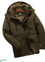 جاكيت كتان فرو تقيل زيتي على عارضة، يوضح الفرو الداخلي بلون بيج.