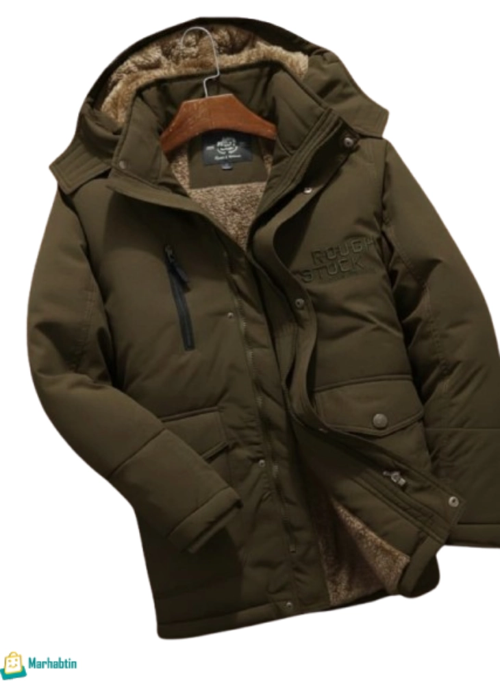 جاكيت كتان فرو تقيل زيتي على عارضة، يوضح الفرو الداخلي بلون بيج.