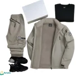 طقم كتان مبطن فرو لون بيج: يظهر تفاصيل الفرو الداخلي والكتان الأجنبي المستورد للجاكيت.