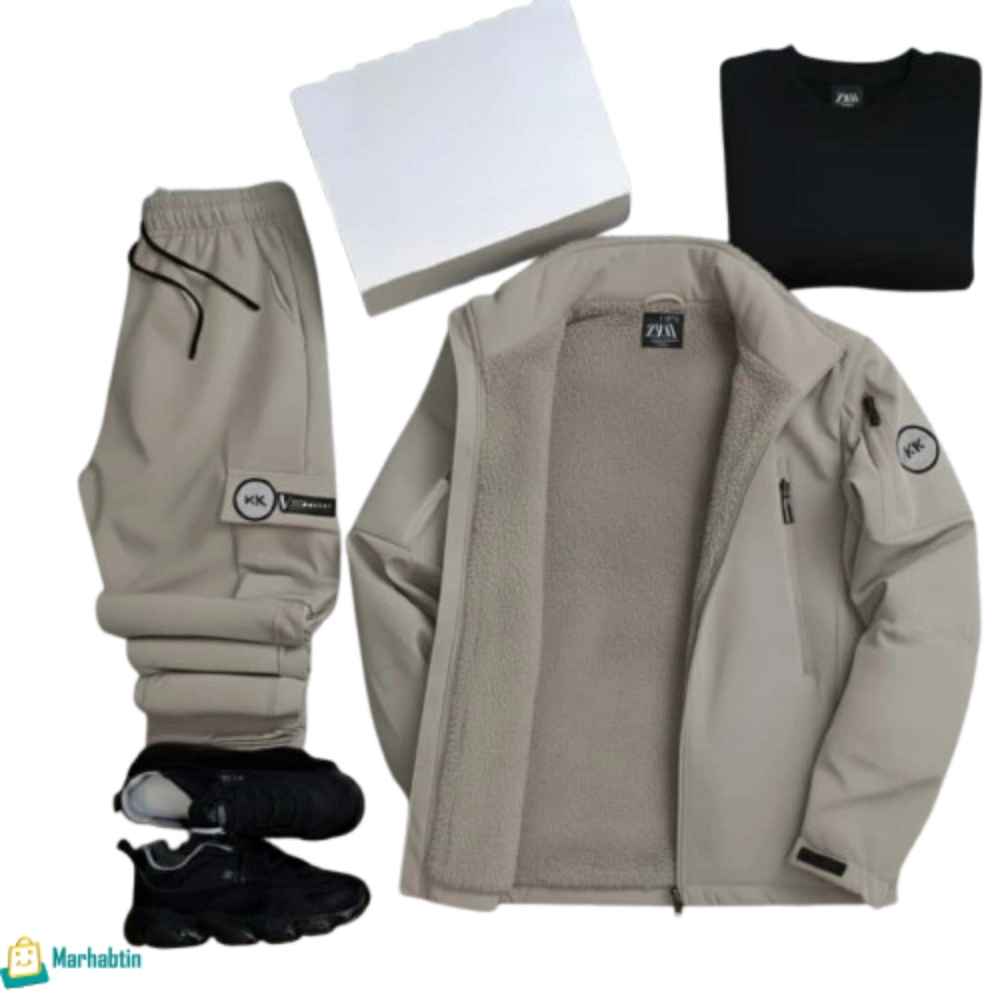 linen-fur-set-beige.webp طقم كتان مبطن فرو لون بيج: يظهر تفاصيل الفرو الداخلي والكتان الأجنبي المستورد للجاكيت.