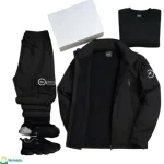 طقم كتان مبطن فرو لون أسود: إطلالة كاملة باللون الأسود للجاكيت والبنطال لدفء وستايل شتوي.