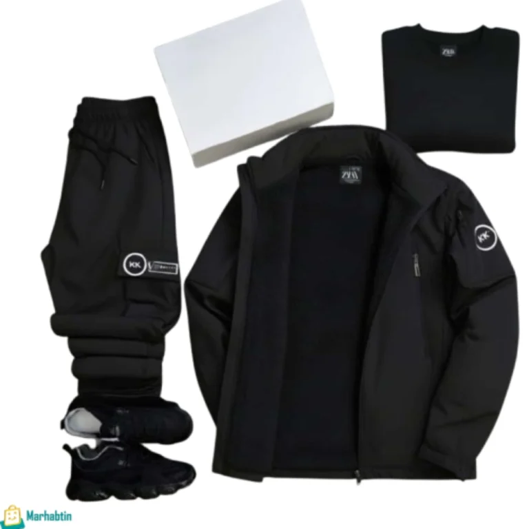 طقم كتان مبطن فرو لون أسود: إطلالة كاملة باللون الأسود للجاكيت والبنطال لدفء وستايل شتوي.