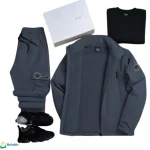 طقم كتان مبطن فرو لون حديدي: عرض علوي للجاكيت والبنطال المبطنين بفرو، مع حذاء وبلوزة.