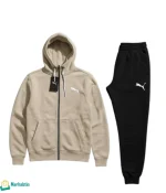 بيجاما رجالي Puma جاكيت بيج فاتح وبنطلون أسود. طقم شتوي سحاب من الفليس.