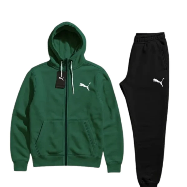 بيجاما رجالي Puma باللون الأخضر الداكن (الجاكيت) مع بنطلون أسود، فليس مكفول.