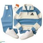 طقم بيجاما رجالي فليس باللون الأزرق الفاتح والأبيض، خامة ميكرو فليس.