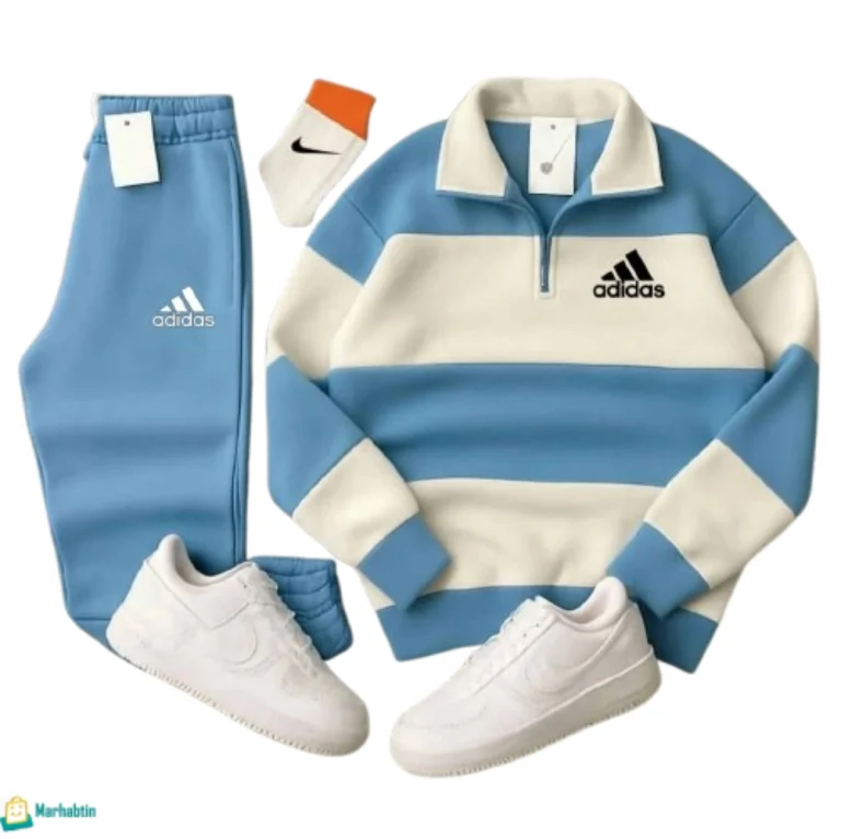 طقم بيجاما رجالي فليس باللون الأزرق الفاتح والأبيض، خامة ميكرو فليس.