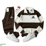 طقم بيجاما رجالي فليس باللون البني والأبيض، شعار ADIDAS، موديل التريند.