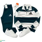 طقم بيجاما رجالي فليس باللون الأخضر الداكن والأبيض، تطريز ADIDAS.