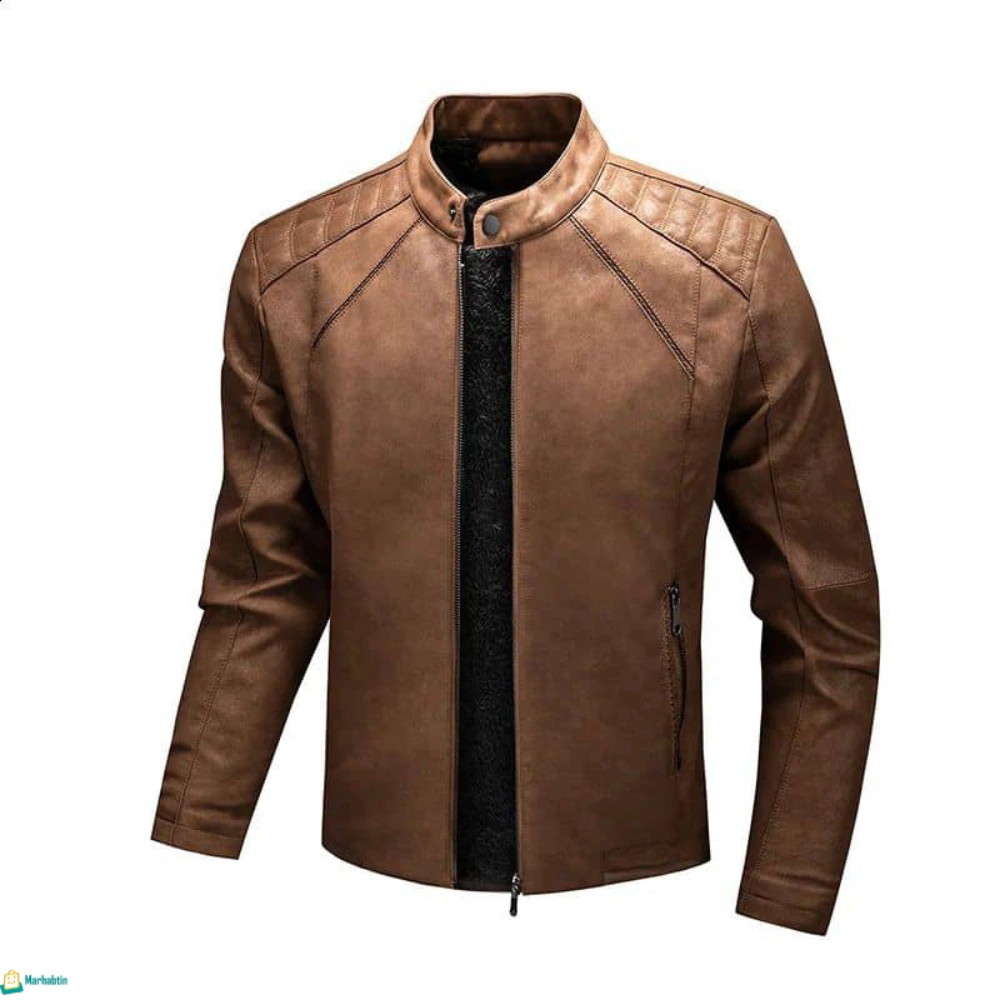 jacket-leather-fur-brown جاكيت جلد فرو شبابي بني فاتح مبطن للدفء في الشتاء.