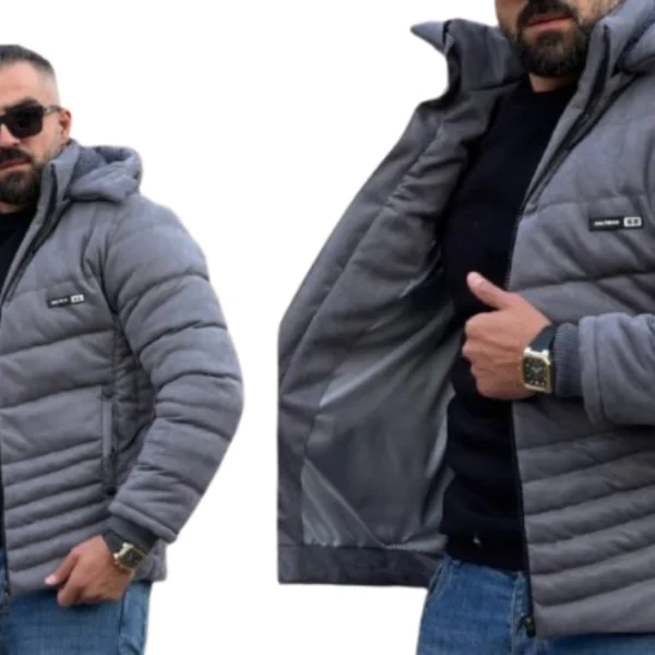 جاكيت رجالي شامواه فرو رمادي اللون مع طاقية كابيشونة.