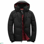 جاكيت باراشوت رجالية دافئة سوداء قماش مشحم وبطانة حمراء