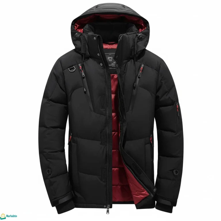 جاكيت باراشوت رجالية دافئة سوداء قماش مشحم وبطانة حمراء