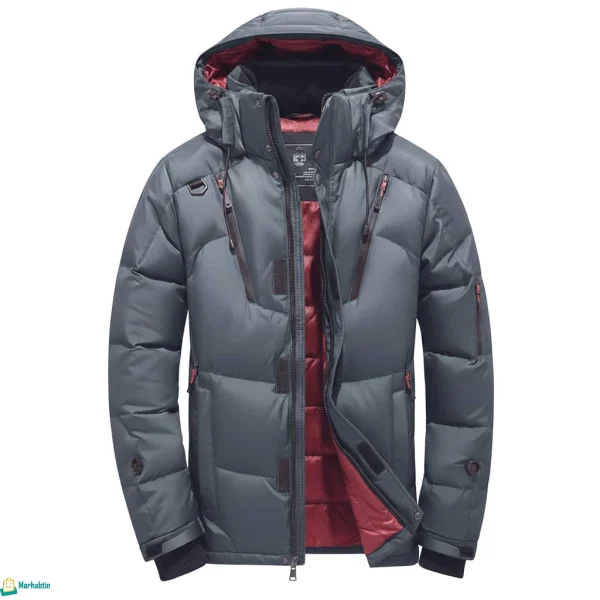 جاكيت باراشوت رجالية دافئة رمادية قماش مشحم وجيوب بسحاب