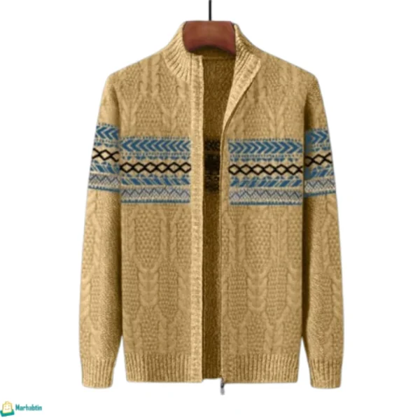 جاكيت صوف رجالي شتوي باللون البني الترابي، صوف أجنبي فاخر بنقشات زرقاء وبيضاء كلاسيكية.