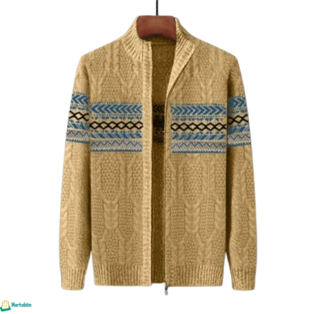 jacket-wool-men-brown جاكيت صوف رجالي شتوي باللون البني الترابي، صوف أجنبي فاخر بنقشات زرقاء وبيضاء كلاسيكية.