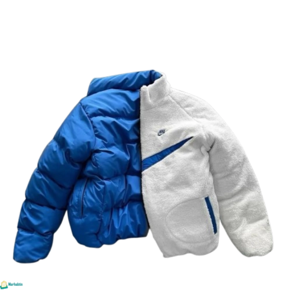 jaket-bowajhain-azraq-abyad جاكيت رجالي بوجهين أزرق ملكي مع فرو أبيض وشعار نايك الضخم على الظهر.