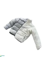 جاكيت رجالي بوجهين فضي منفوخ وفرو أبيض بلمسة عصرية.