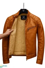 جاكيت جلد مبطن فرو دب بيج، باللون العسلي الفاتح، تصميم Biker عصري وجلد نخب أول.