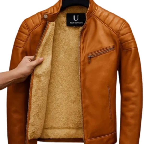 جاكيت جلد مبطن فرو دب بيج، باللون العسلي الفاتح، تصميم Biker عصري وجلد نخب أول.
