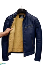 جاكيت جلد مبطن فرو دب بيج، باللون الكحلي الأنيق، يظهر جودة الجلد نخب أول.