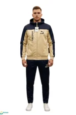 بيجاما رجالي شتوية للشباب بلون بيج (أو الرملي) مع أزرق كحلي، طقم دافئ وعصري.