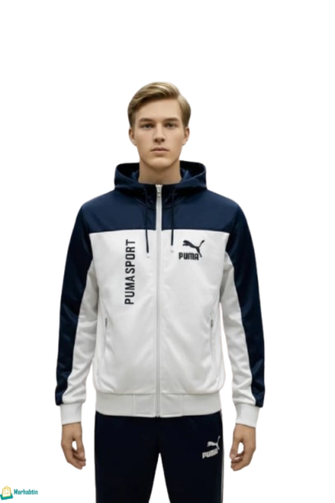 بيجاما رجالي شتوية للشباب بلون أبيض وأزرق كحلي، مظهر شبابي مشرق.