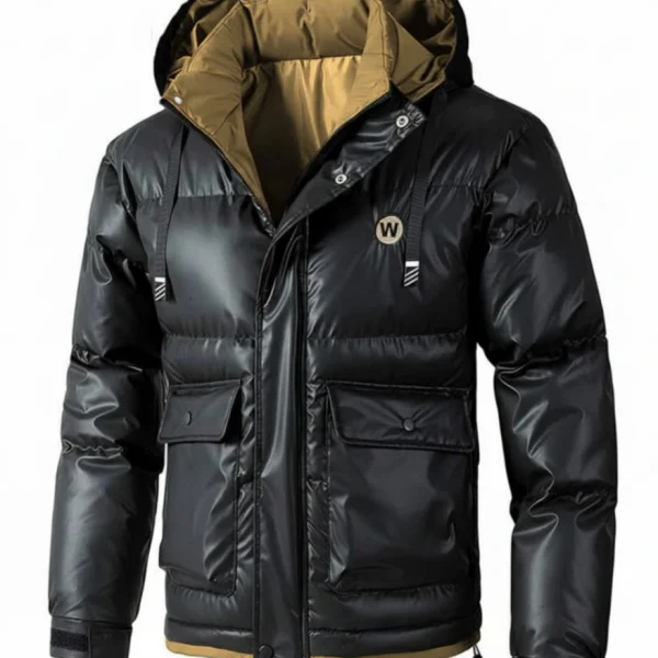 جاكيت براشوت أسود مبطن فرو بتحلاية بيج خامة مشحمة مقاومة للبرد