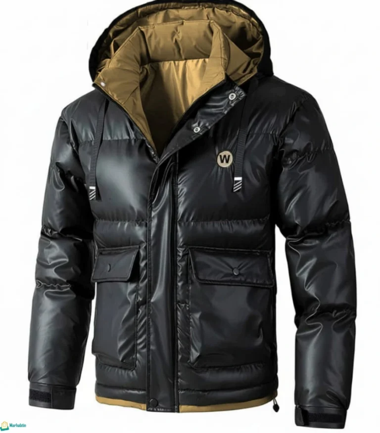 جاكيت براشوت أسود مبطن فرو بتحلاية بيج خامة مشحمة مقاومة للبرد