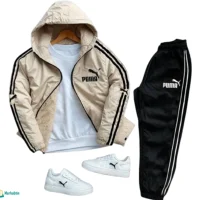 بجامة PUMA برشوت فرو باللون البيج الرملي الأنيق مع شعارات تطريز