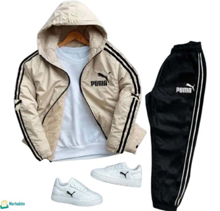 بجامة PUMA برشوت فرو باللون البيج الرملي الأنيق مع شعارات تطريز