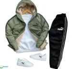 بجامة PUMA برشوت فرو باللون الزيتي الداكن مع بنطال أسود وخطوط بيضاء