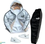 بجامة PUMA برشوت فرو باللون الرمادي الفاتح / الأبيض وتفاصيل البطانة الفرو