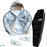 بجامة PUMA برشوت فرو باللون الرمادي الفاتح / الأبيض وتفاصيل البطانة الفرو