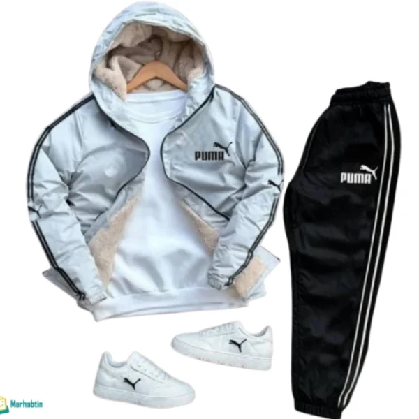 بجامة PUMA برشوت فرو باللون الرمادي الفاتح / الأبيض وتفاصيل البطانة الفرو