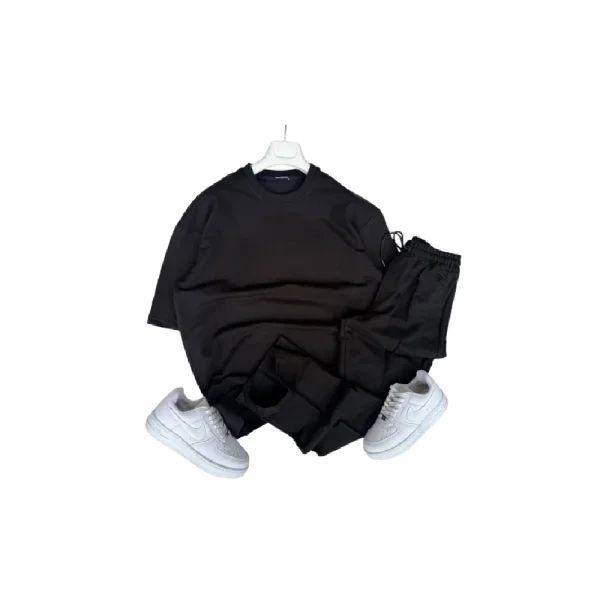 بجامة شبابية قطن نصف كم مع بنطال لون أسود مريحة للصيف