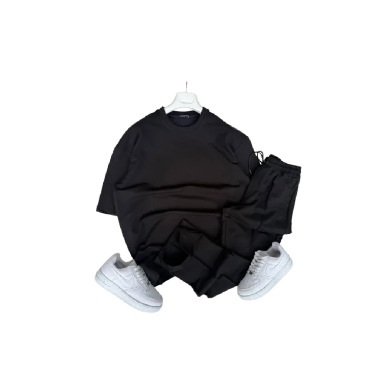 بجامة شبابية قطن نصف كم مع بنطال لون أسود مريحة للصيف