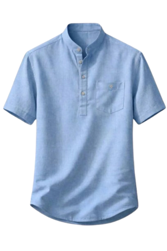 mens-summer-shirt-blue قميص رجالي صيفي سماوي بأكمام قصيرة وياقة صينية مع أزرار أمامية وقماش خفيف مهوّى مناسب للصيف